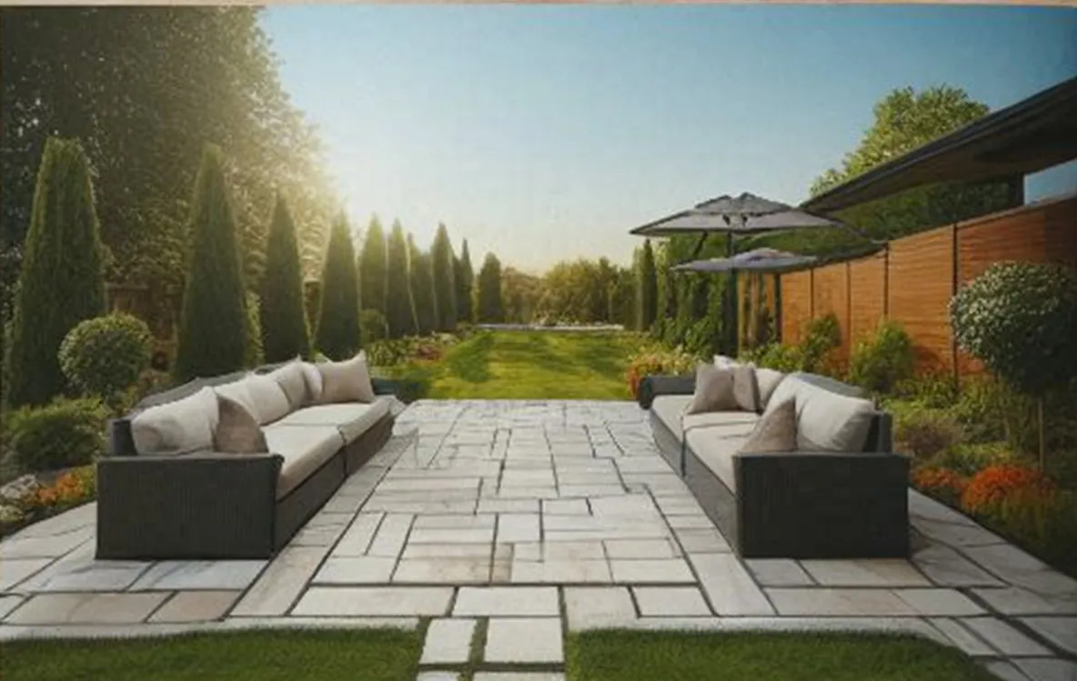 Stone patio with outdoor lounge seating