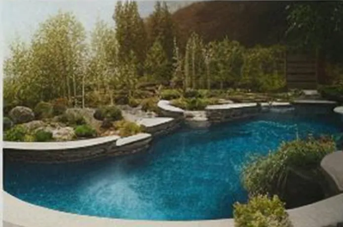 Landscaped garden with a free-form swimming pool, boulders and planting